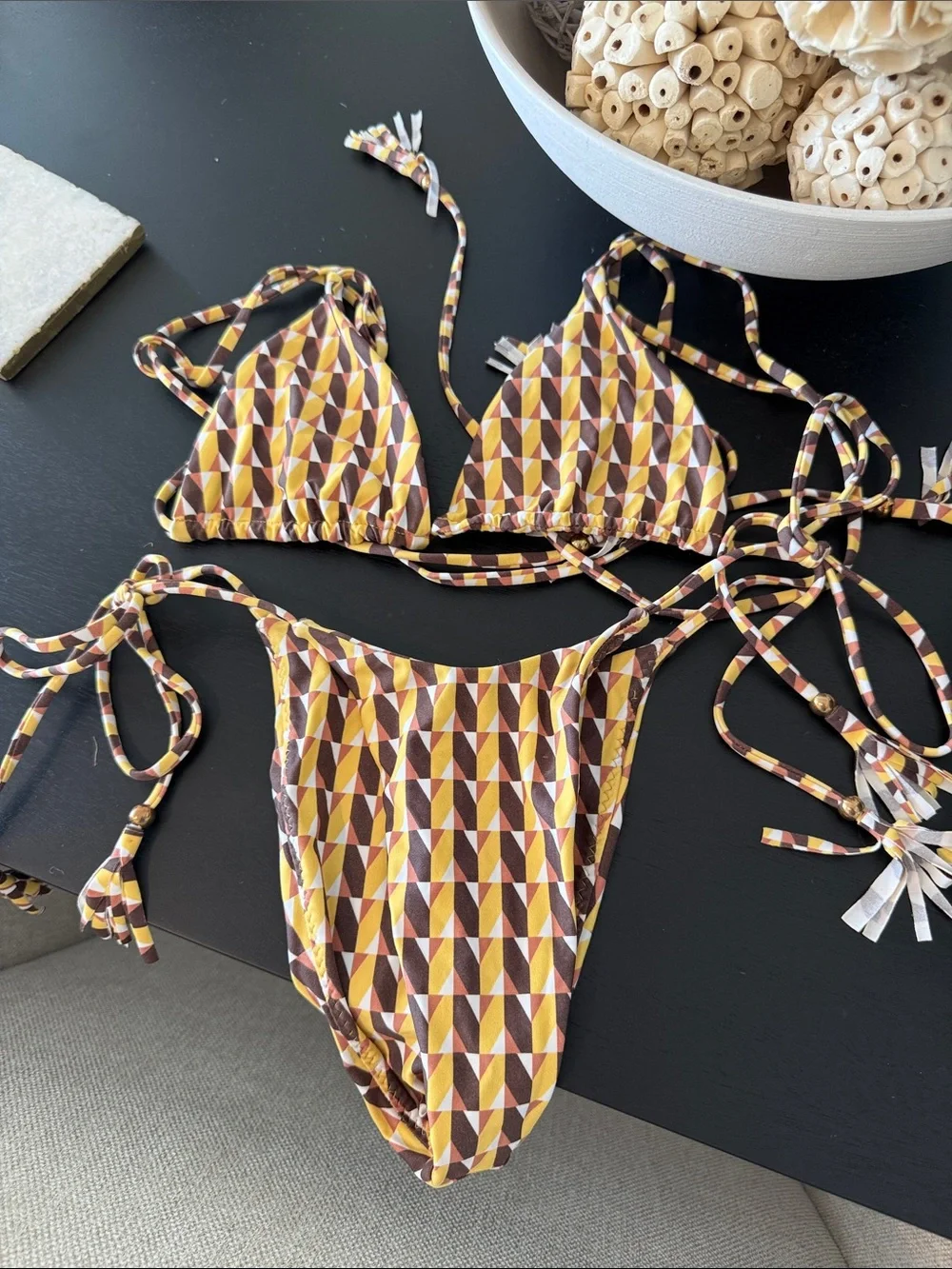 Geometric Triangle Print String Bikini - Yellow & Brown - Picture 2 of 2